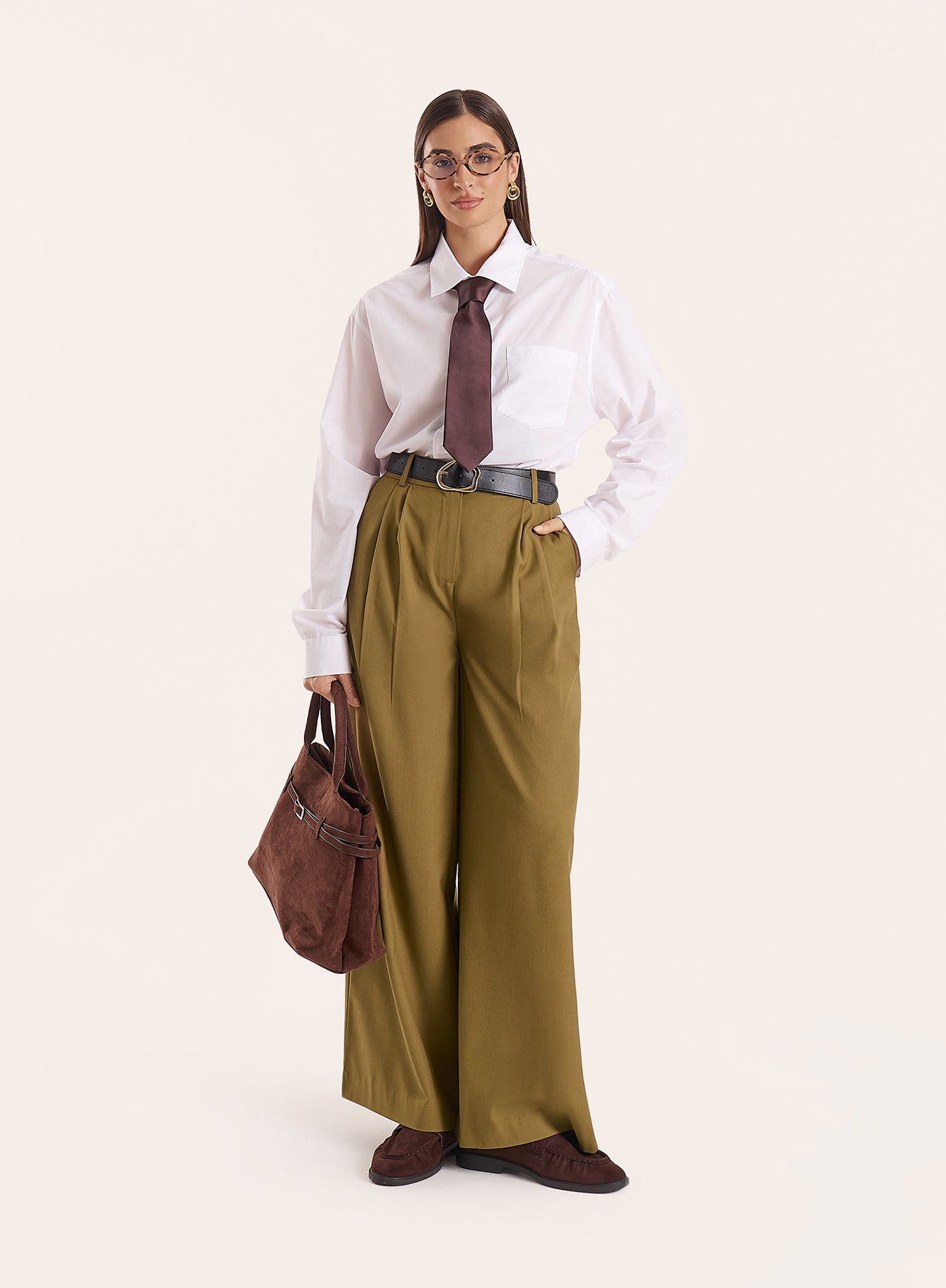 Olive Hardware Belt Detail Tailored Trousers